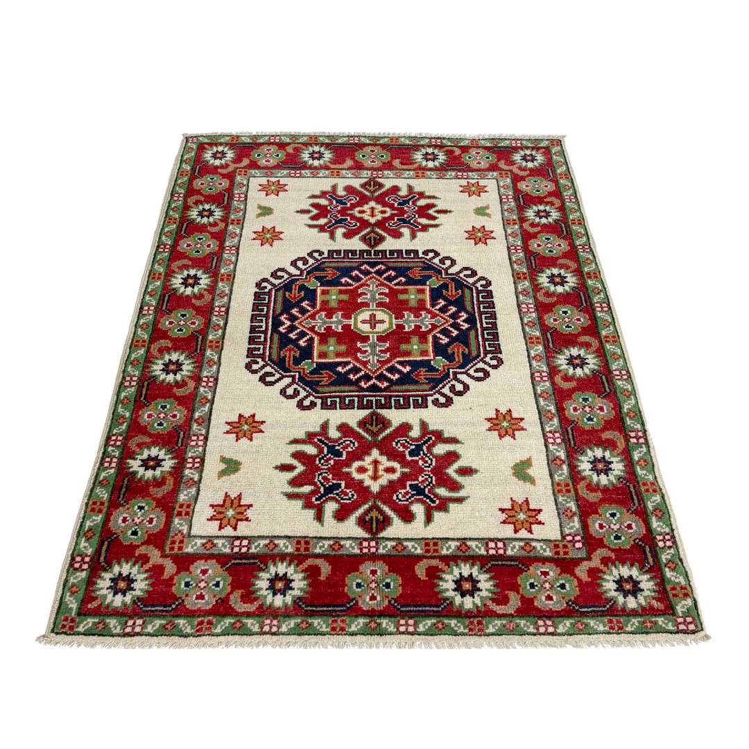 Beige Afghan Kazak Rug 2' 11" x 4' 1" Hand-Knotted | No. AL14061