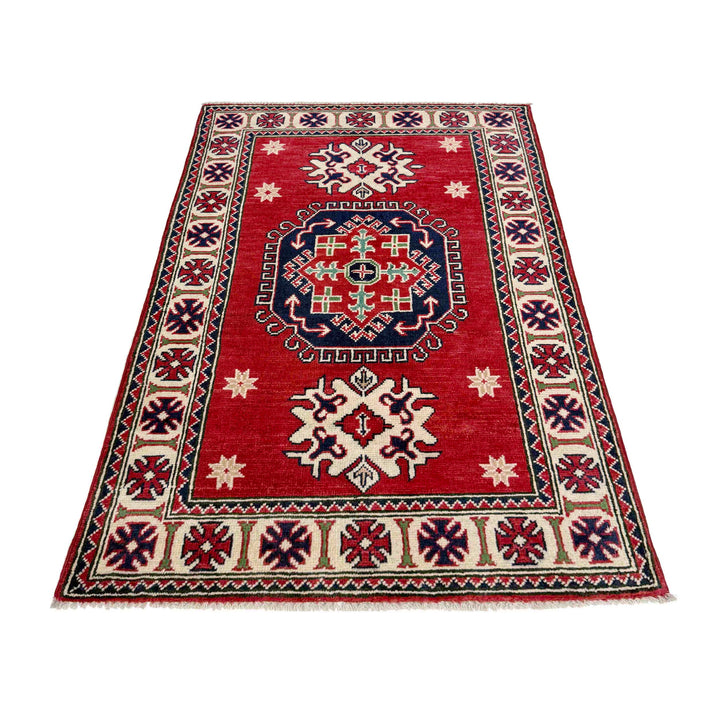 Red Afghan Kazak Rug 2' 9" x 4' 2" Hand-Knotted | No. AL89425