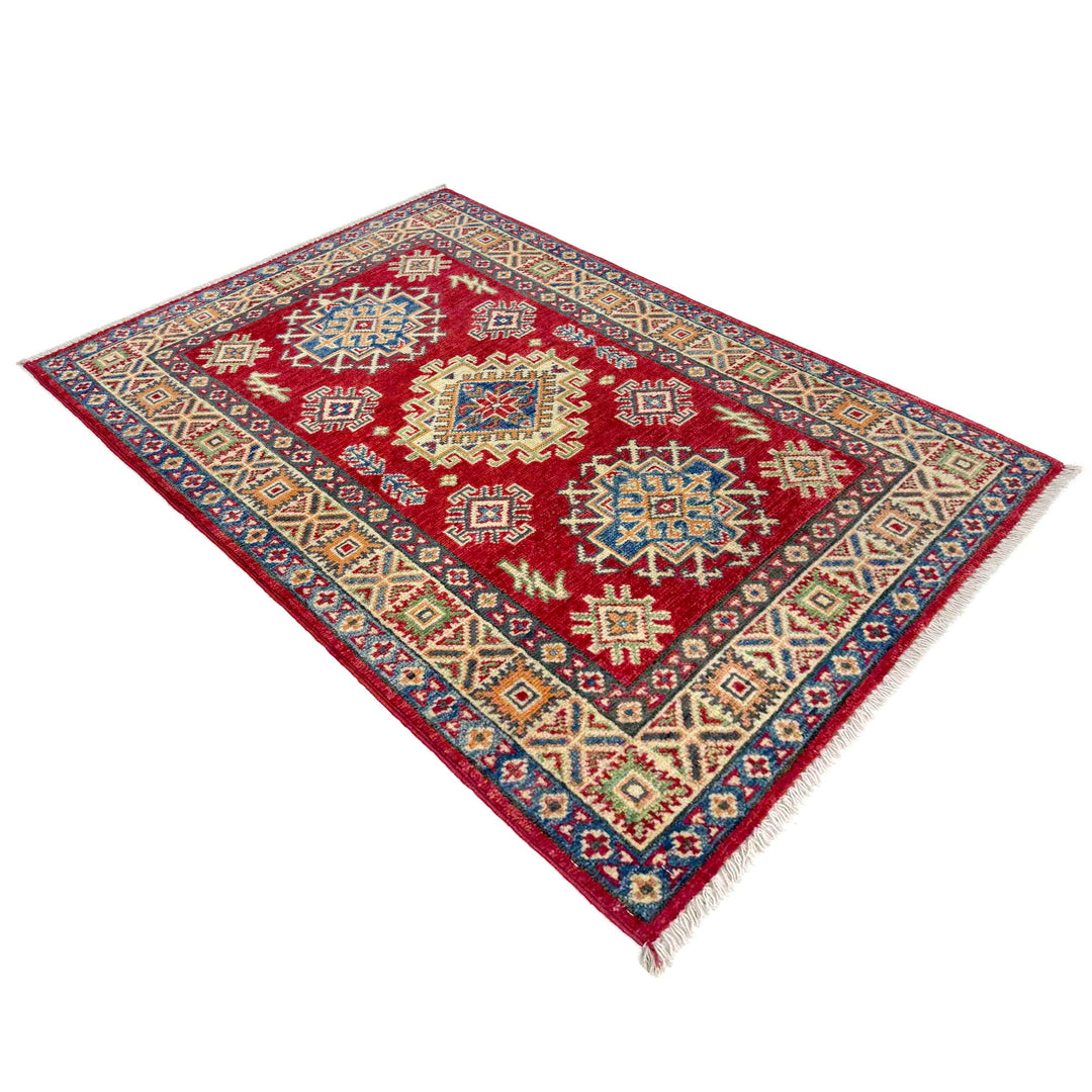 Red Afghan Kazak Rug 2' 7" x 3' 11" Hand-Knotted view