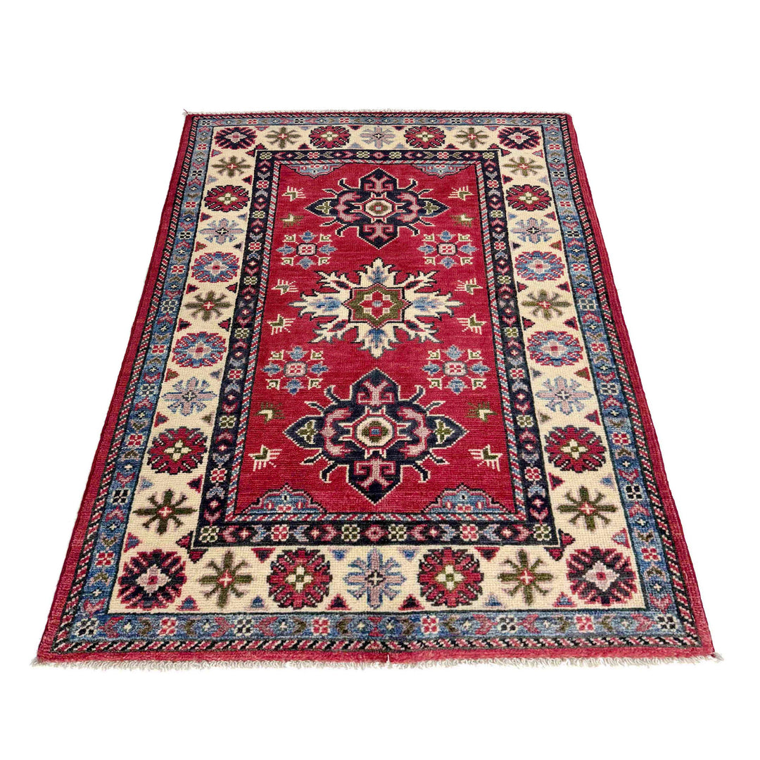 Red Afghan Kazak Rug 2' 7" x 4' 1" Hand-Knotted detail