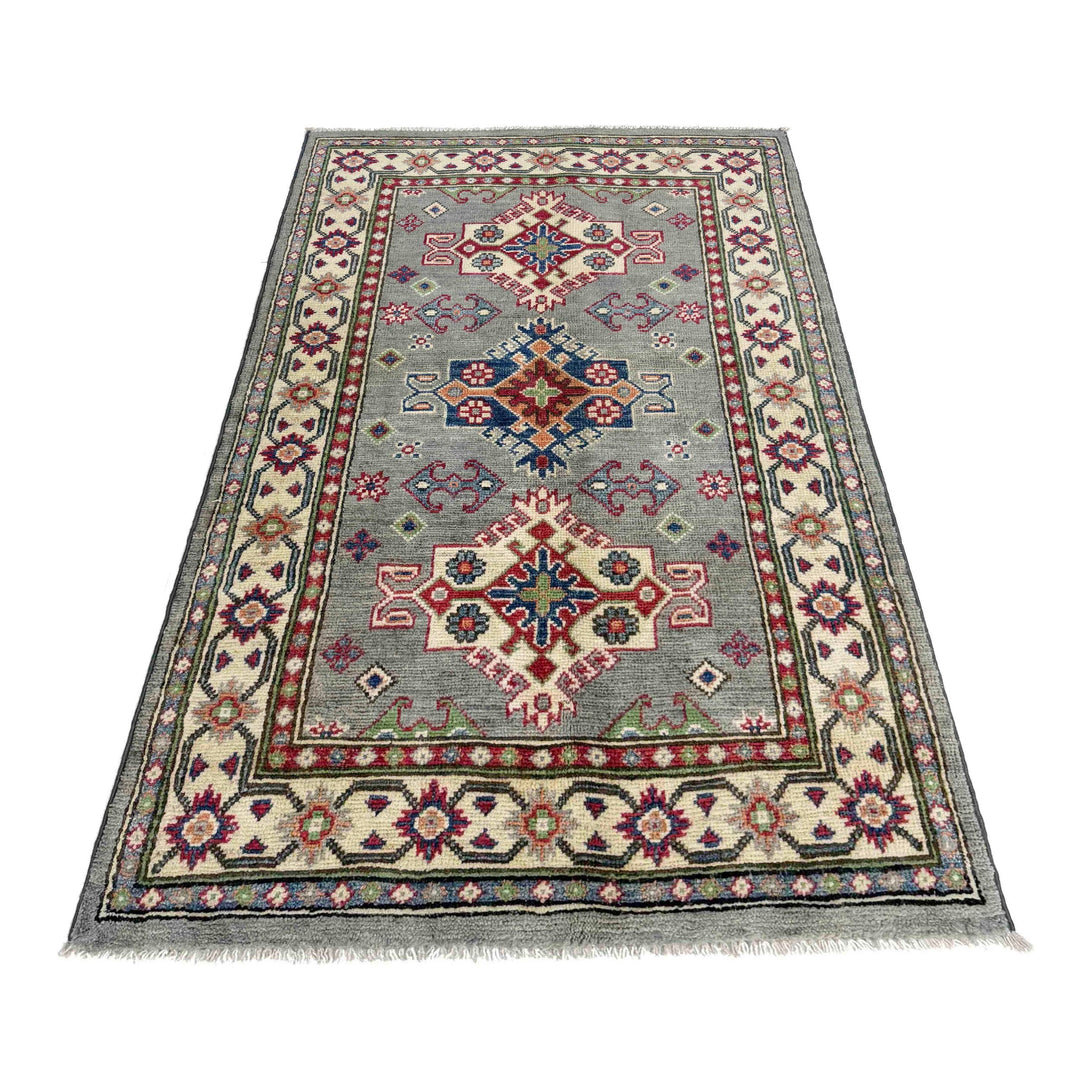 Gray Afghan Kazak Rug 2' 8" x 4' 5" Hand-Knotted detail