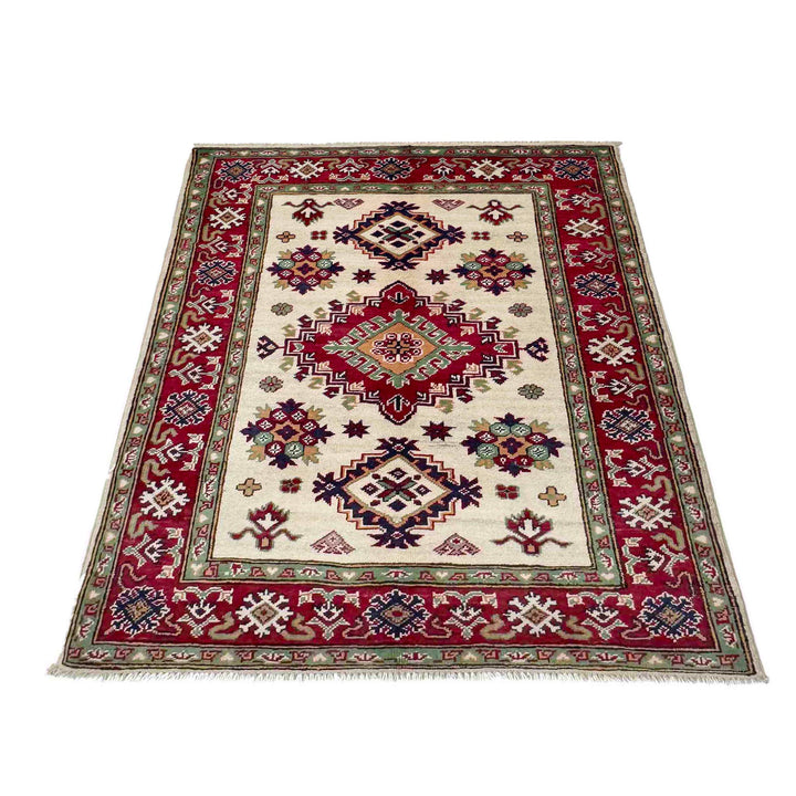 Beige Afghan Kazak Rug 3'2" x 4'3" Hand-Knotted | No. AL52629