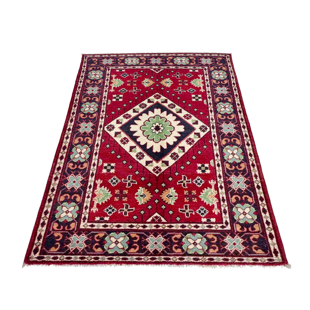 Red Afghan Kazak Rug 3' 1" x 5' 0" Hand-Knotted | No. AL45300