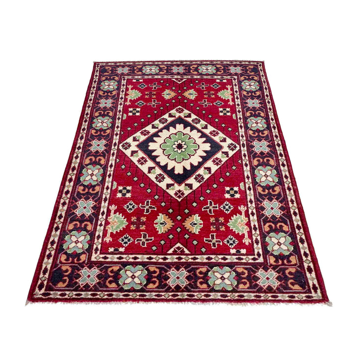 Red Afghan Kazak Rug 3' 1" x 5' 0" Hand-Knotted | No. AL45300