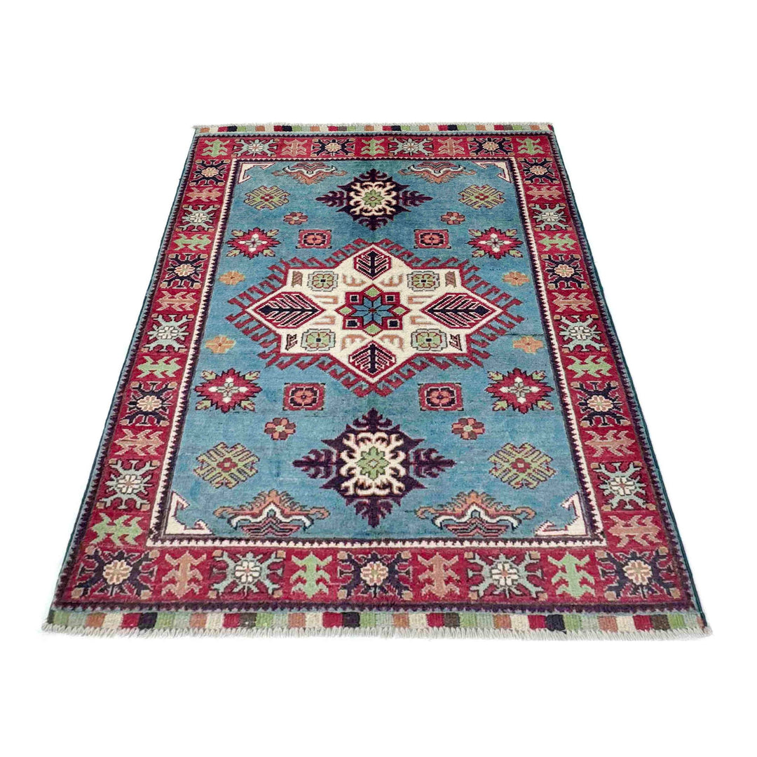 Blue Afghan Kazak Rug 3' 3" x 4' 8" Hand-Knotted | No. AL88151