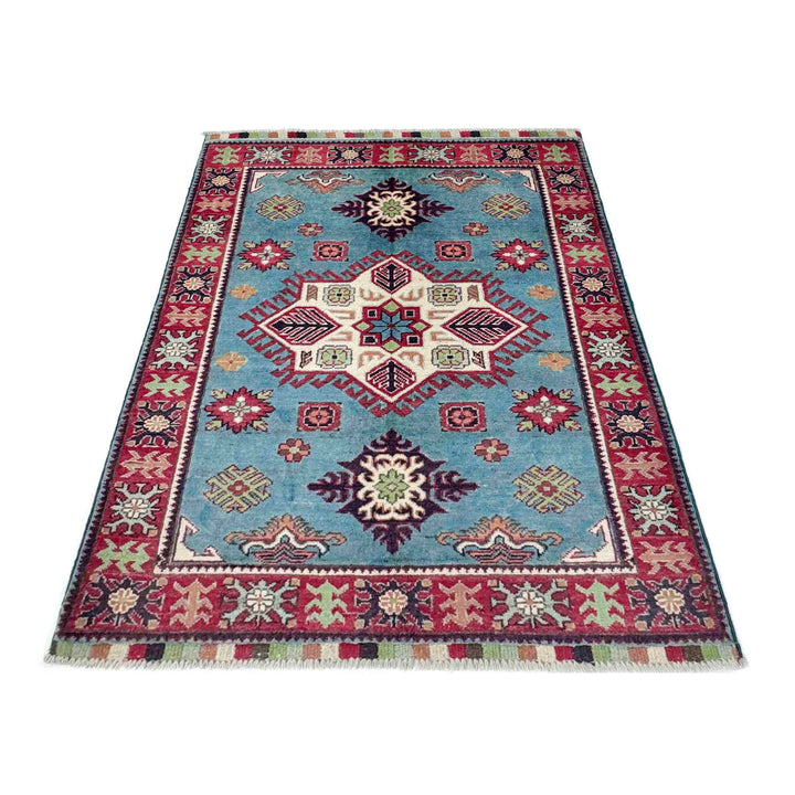Blue Afghan Kazak Rug 3' 3" x 4' 8" Hand-Knotted | No. AL88151
