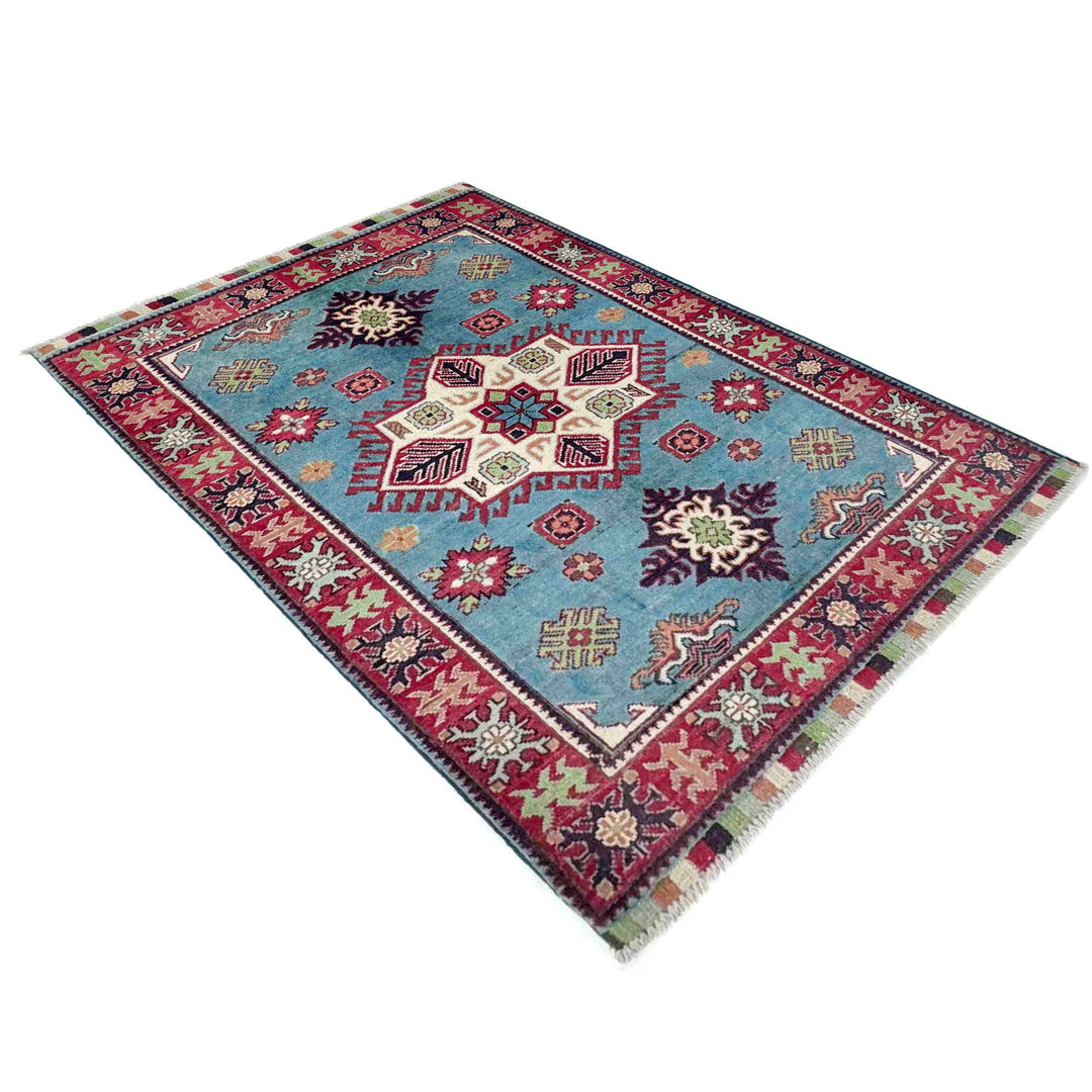 Blue Afghan Kazak Rug 3' 3" x 4' 8" Hand-Knotted | No. AL88151