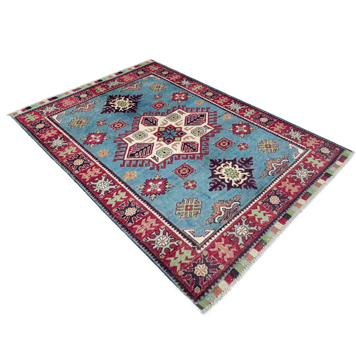 Blue Afghan Kazak Rug 3' 3" x 4' 8" Hand-Knotted | No. AL88151