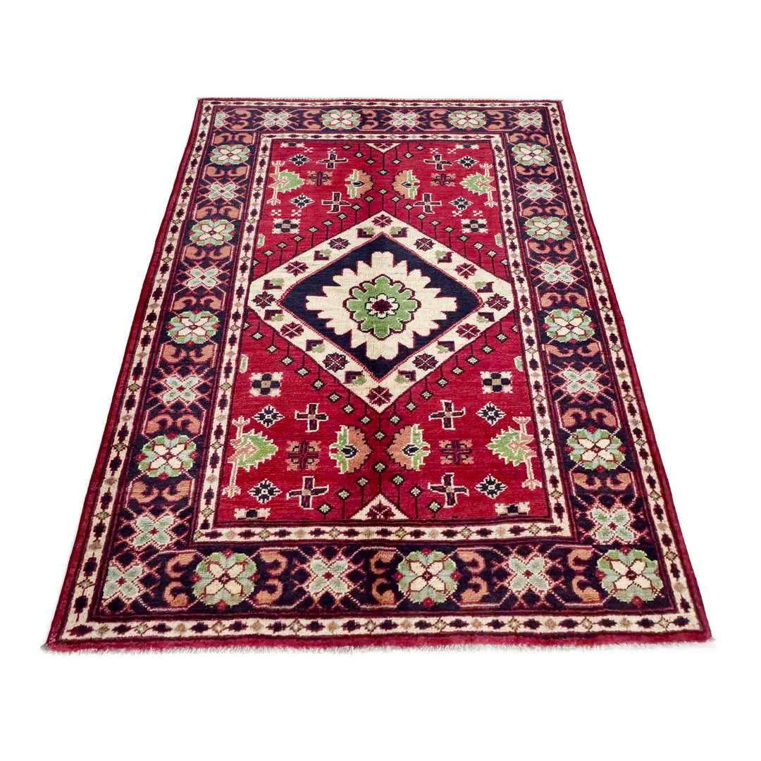 Red Afghan Kazak Rug 3' 3" x 4' 10" Hand-Knotted detail