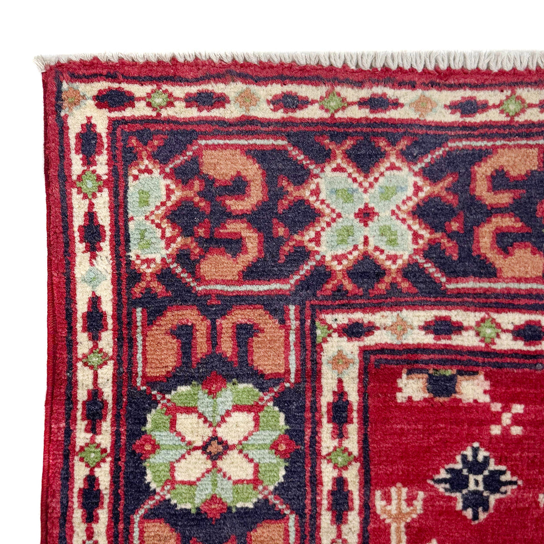 Red Afghan Kazak Rug 3' 3" x 4' 10" Hand-Knotted pattern