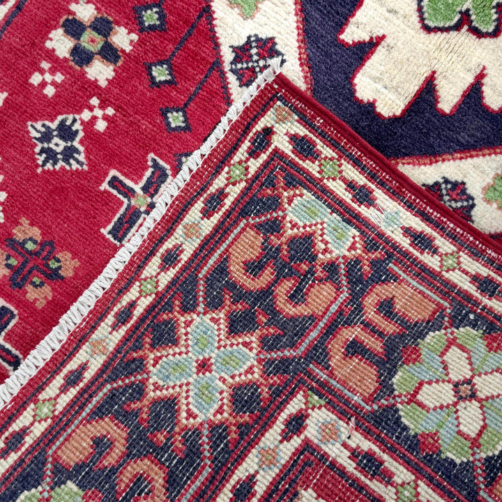Red Afghan Kazak Rug 3' 3" x 4' 10" Hand-Knotted border