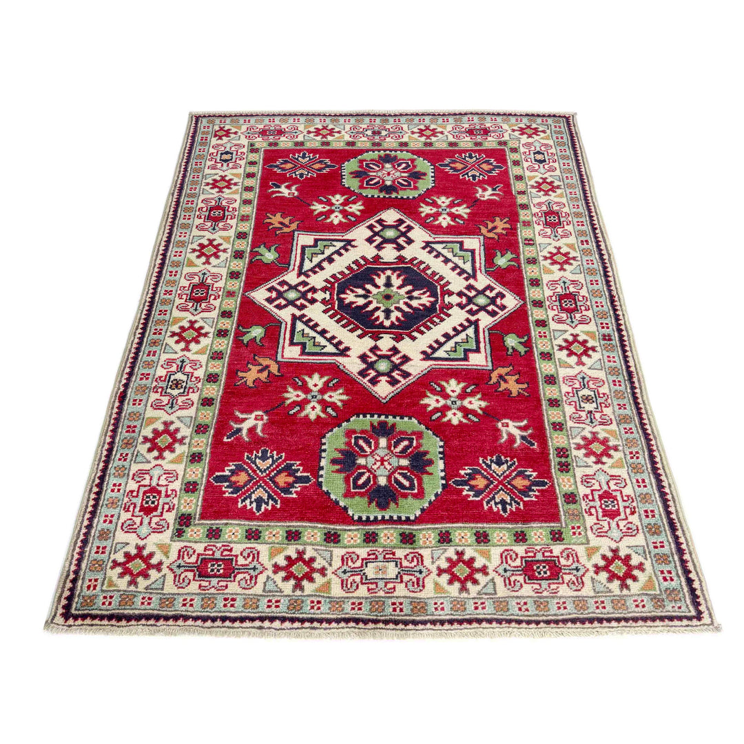 Red Afghan Kazak Rug 3' 3" x 5' 0" Hand-Knotted detail