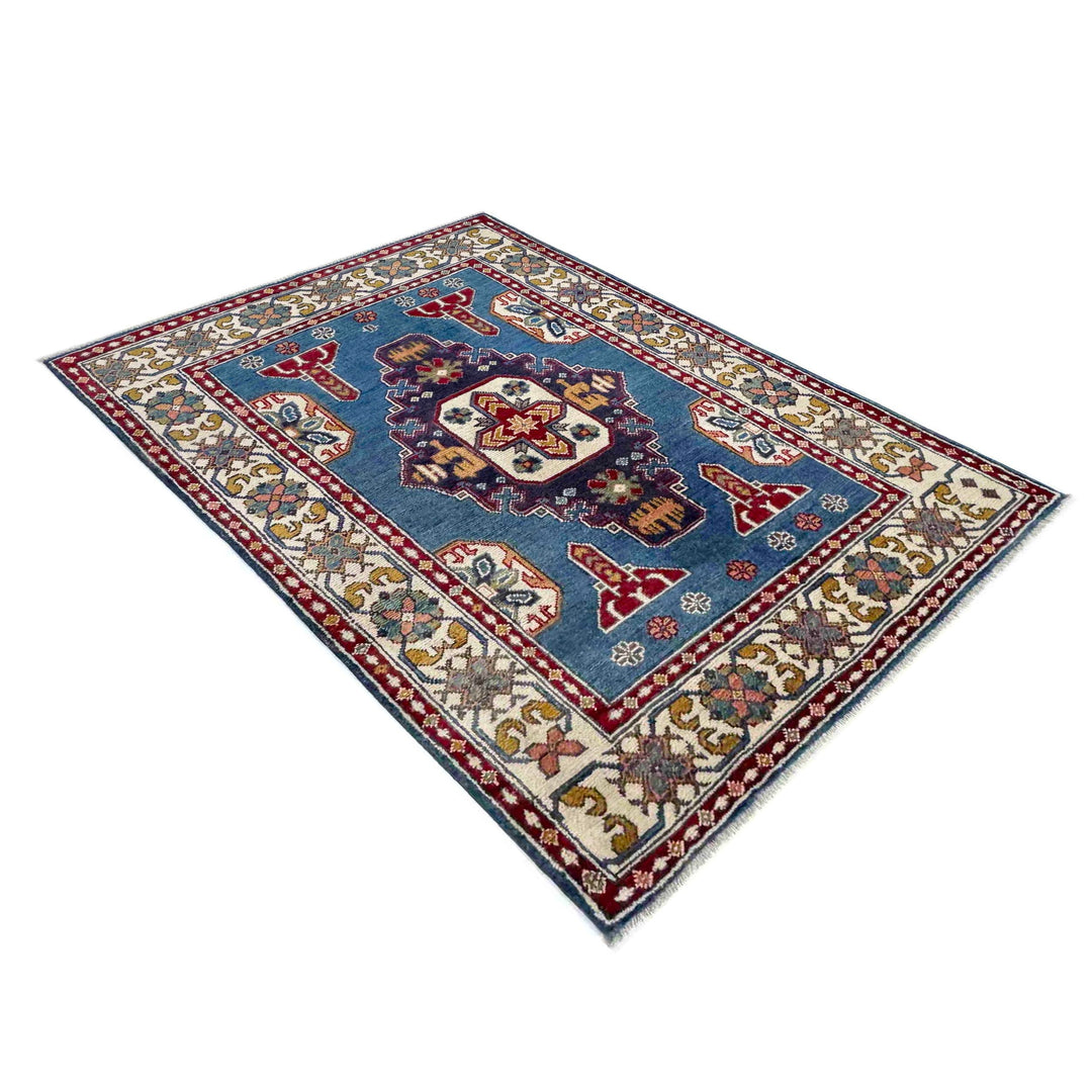 Blue Afghan Kazak Rug 3' 3" x 4' 9" Hand-Knotted | No. AL98740