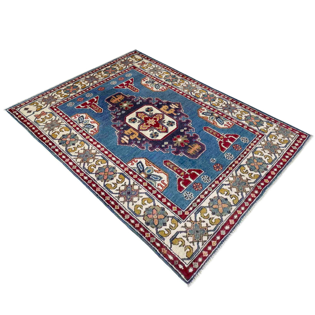 Blue Afghan Kazak Rug 3' 3" x 4' 9" Hand-Knotted | No. AL98740