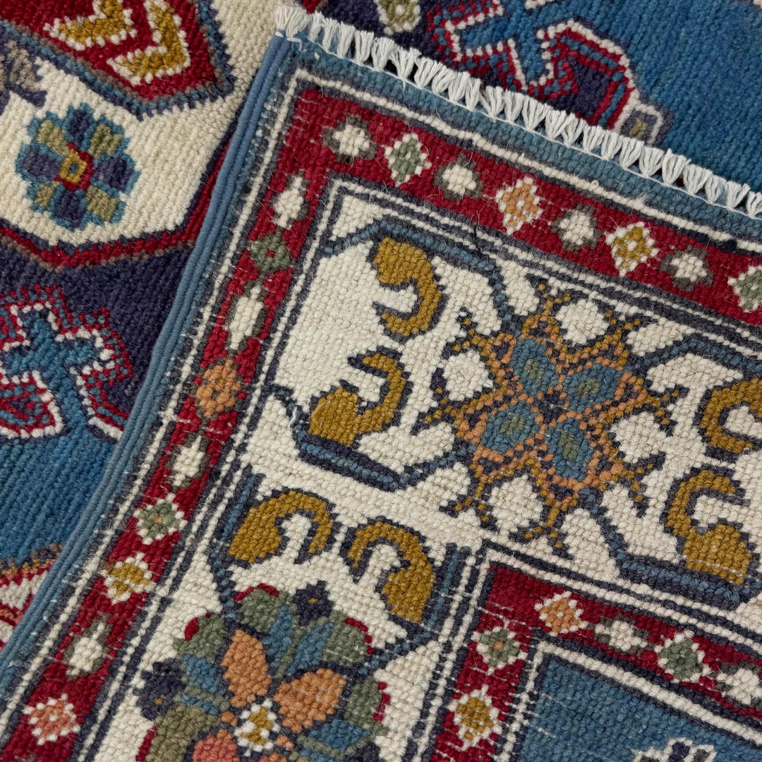 Blue Afghan Kazak Rug 3' 3" x 4' 9" Hand-Knotted | No. AL98740