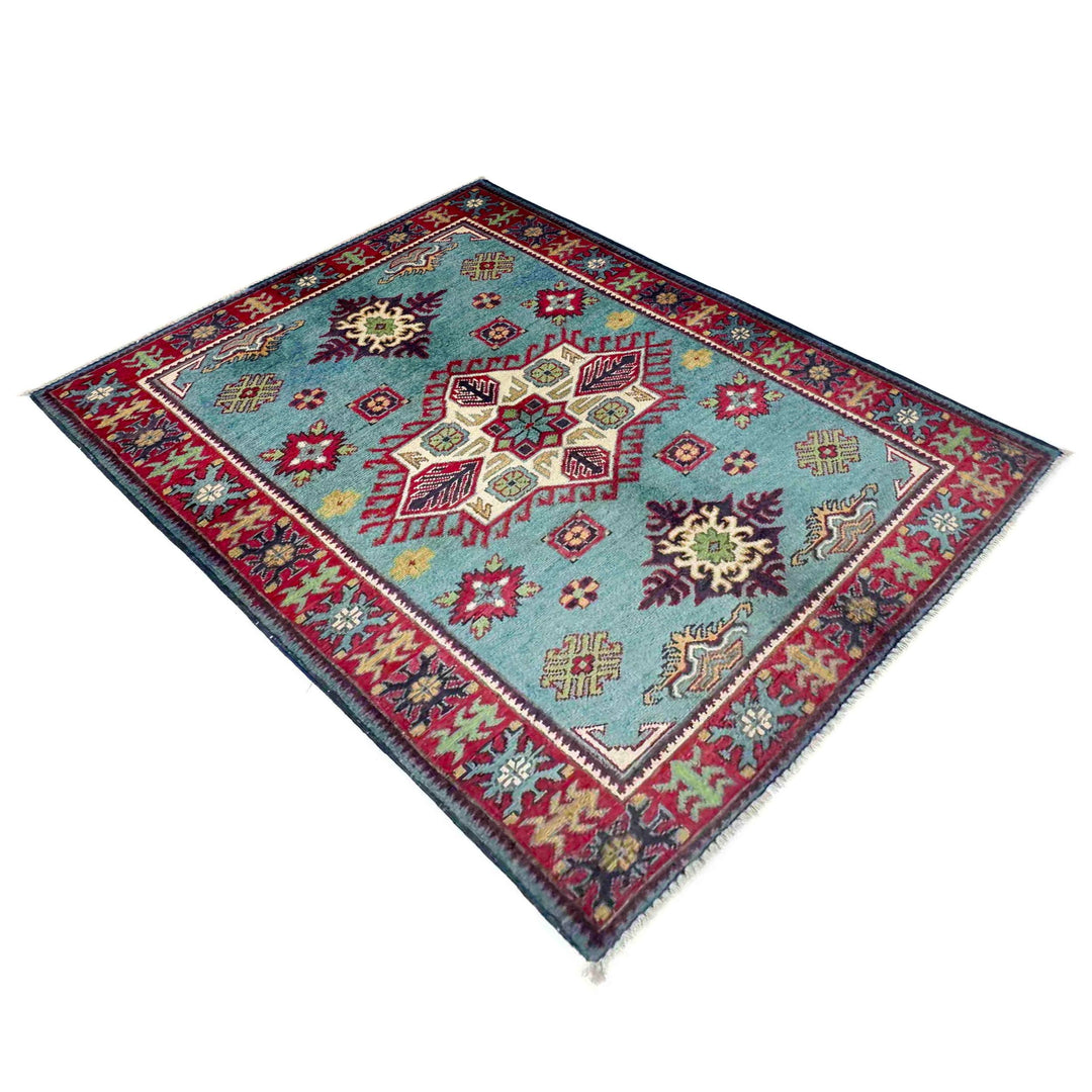 Blue Afghan Kazak Rug 3' 2" x 4' 8" Hand-Knotted | No. AL70027