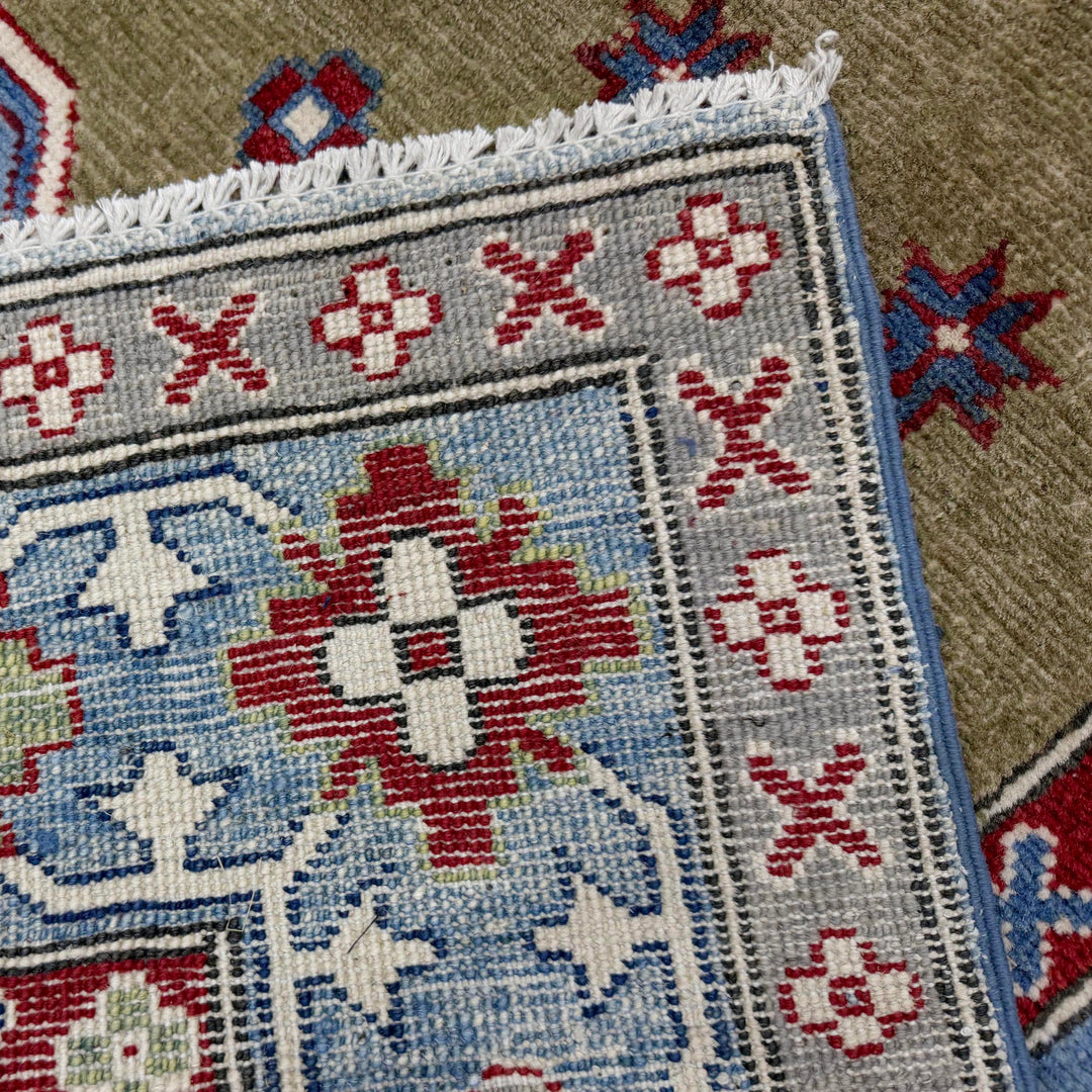 Green Afghan Kazak Rug 5' 2" x 6' 10" Hand-Knotted | No. AL73488