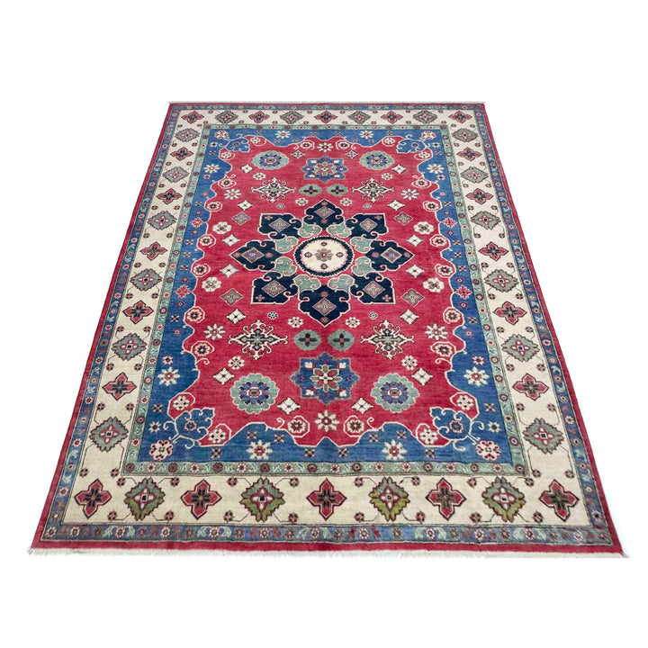 Red Afghan Kazak Rug 6' 7" x 10' 0" Hand-Knotted | No. AL75246