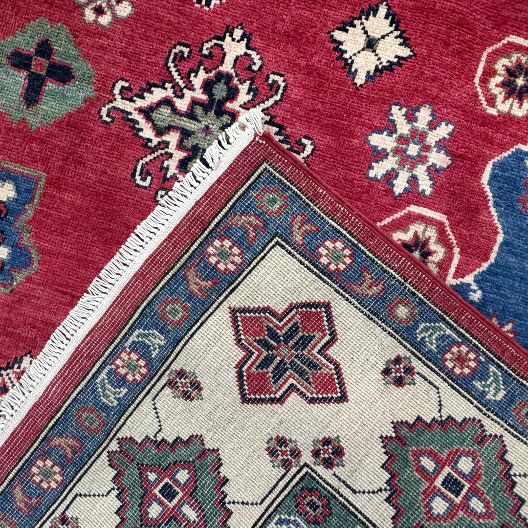 Red Afghan Kazak Rug 6' 7" x 10' 0" Hand-Knotted | No. AL75246