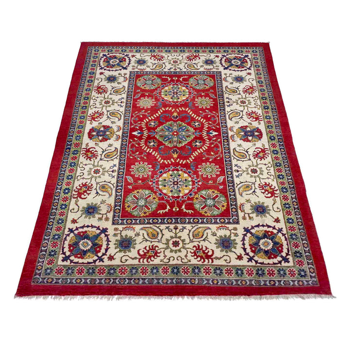Red Afghan Kazak Rug 5' 10" x 8' 11" Hand-Knotted | No. AL85636