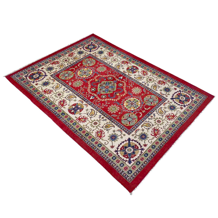 Red Afghan Kazak Rug 5' 10" x 8' 11" Hand-Knotted | No. AL85636