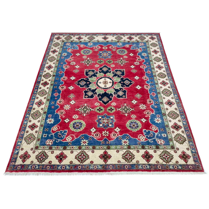 Red Afghan Kazak Rug 6' 7" x 9' 10" Hand-Knotted detail