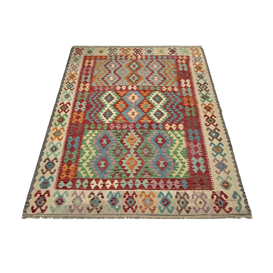 Afghan Vegetable Kilim Rug 6'8" x 9'9" Flat-Weave detail