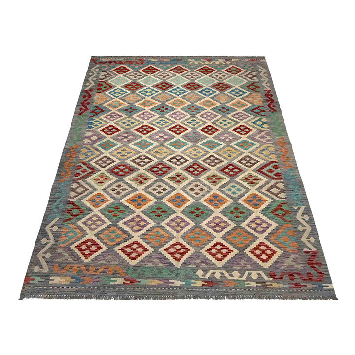 Afghan Vegetable Kilim Rug 6' 4" x 9' 9" Flat-Weave detail