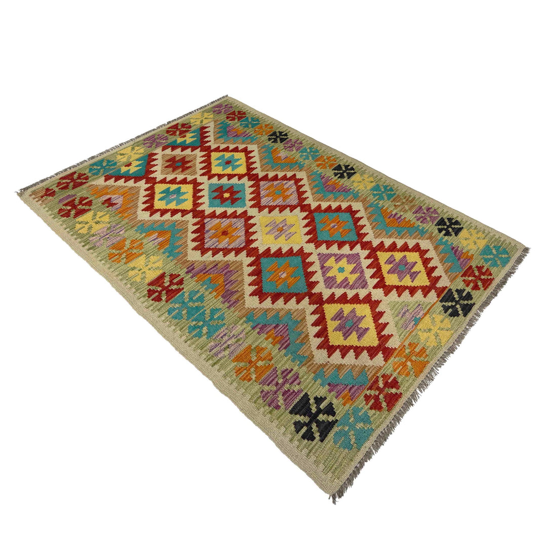 Afghan Vegetable Kilim Rug 3' 3" x 5' 5" Flat-Weave close-up