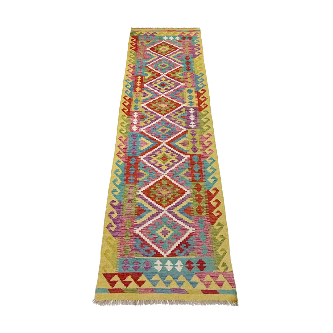 Afghan Vegetable Kilim Rug 2' 7" x 9' 9" Flat-Weave close-up