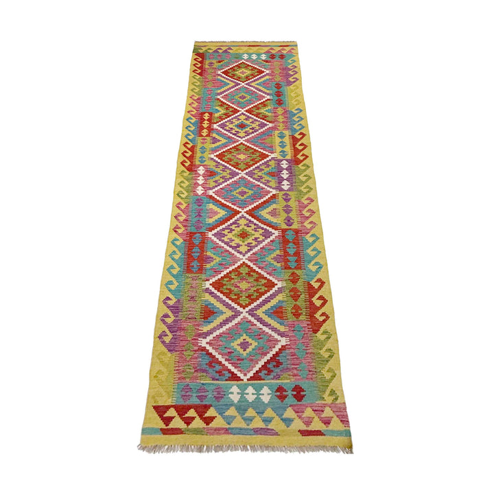 Afghan Vegetable Kilim Rug 2' 7" x 9' 9" Flat-Weave close-up