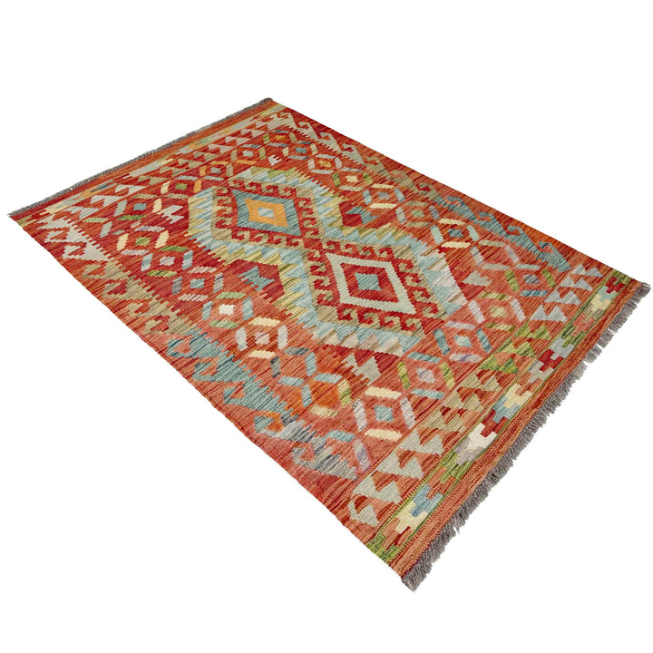Afghan Vegetable Kilim Rug 3' 5" x 4' 11" Flat-Weave close-up