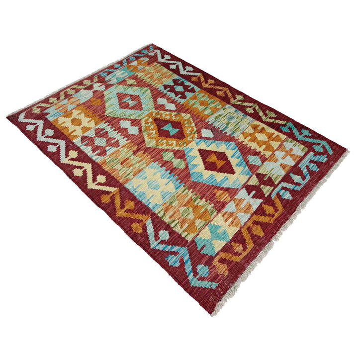Afghan Vegetable Kilim Rug 2' 9" x 3' 11" Flat-Weave close-up