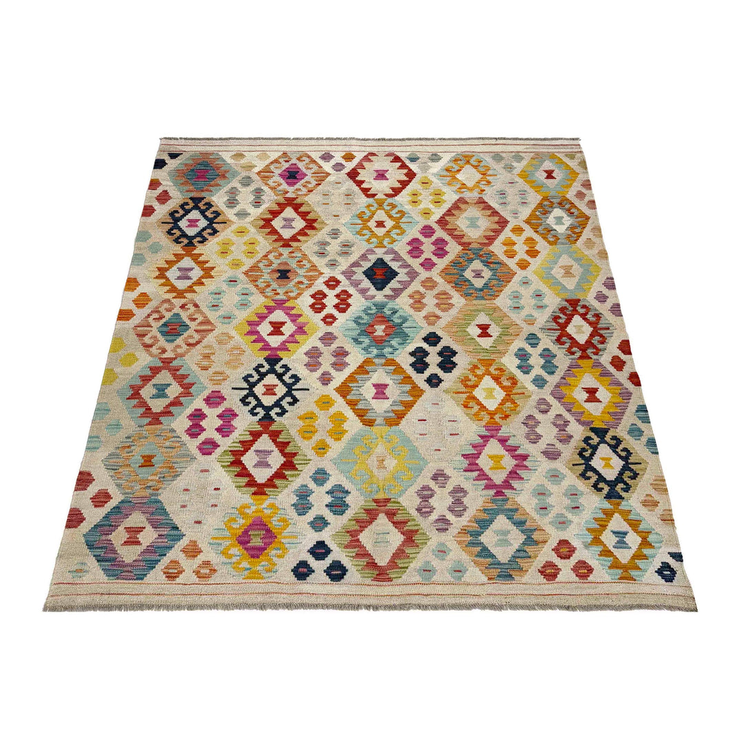 Afghan Vegetable Kilim Rug 5' 1" x 6' 5" Flat-Weave detail