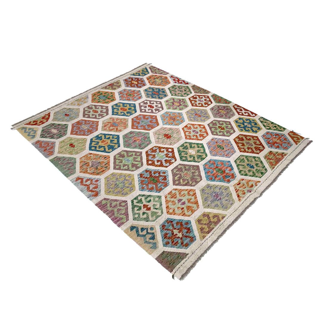 Afghan Kilim Rug 6' 2" x 8' 1" Hand-Woven close-up