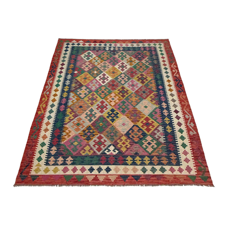 Afghan Vegetable Kilim Rug 6' 7" x 9' 9" Flat-Weave detail