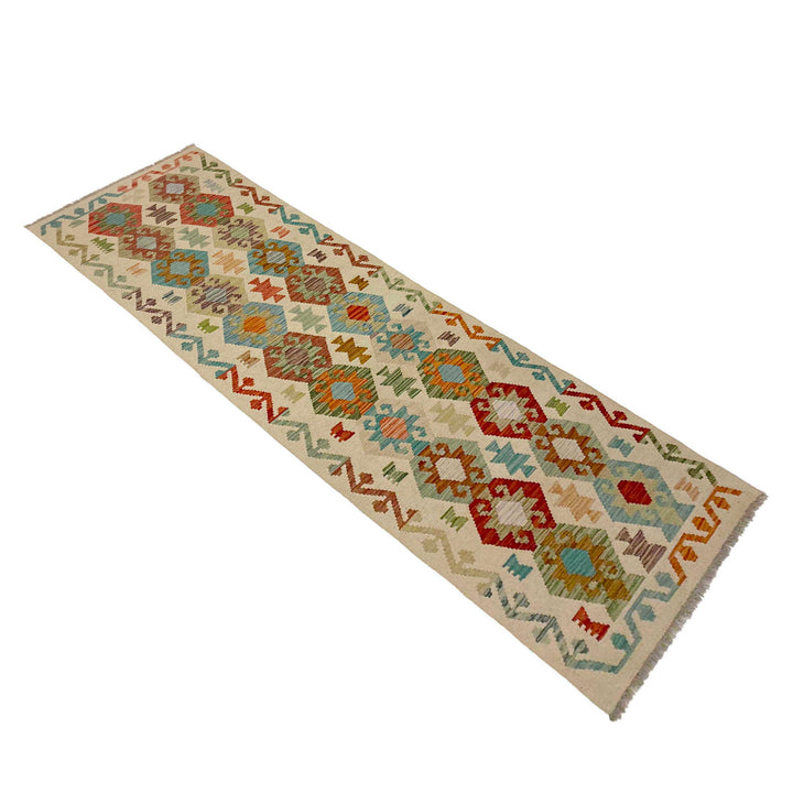 Afghan Vegetable Kilim Rug 2' 7" x 9' 6" Flat-Weave close-up