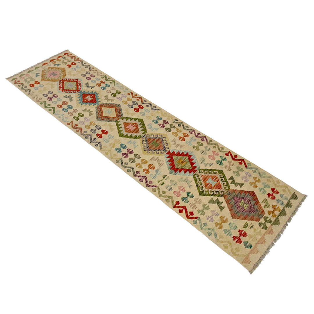 Afghan Vegetable Kilim Rug 2' 7" x 9' 9" Flat-Weave close-up