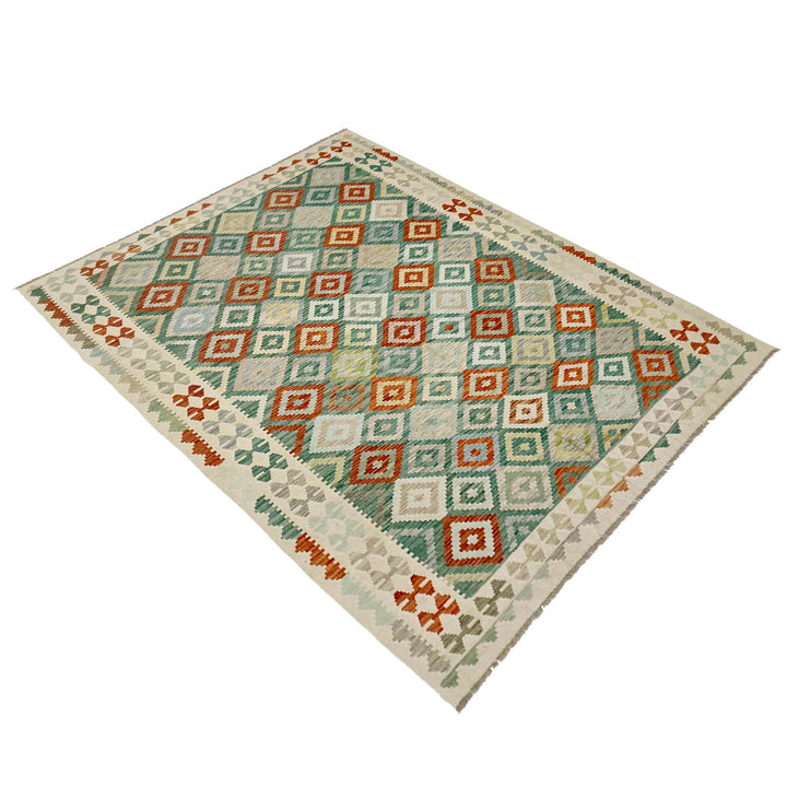 Afghan Vegetable Kilim Rug 6' 8" x 9' 8" Flat-Weave close-up