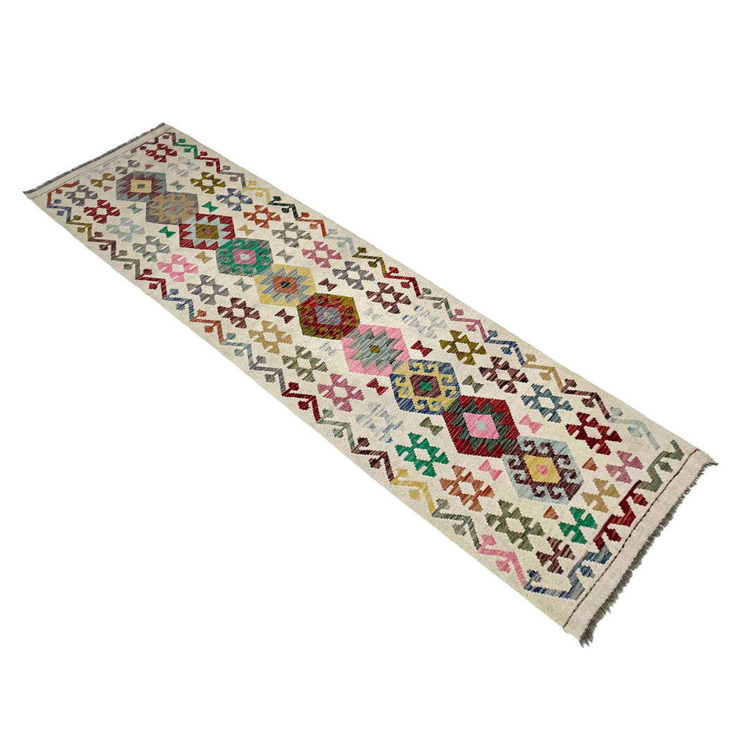 Afghan Vegetable Kilim Rug 2' 9" x 9' 7" Flat-Weave close-up