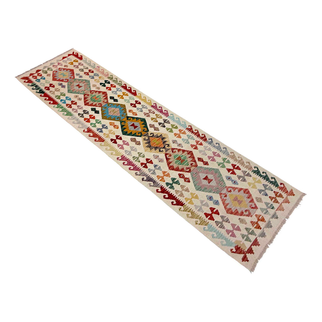 Afghan Vegetable Kilim Rug 2' 7" x 9' 9" Flat-Weave close-up
