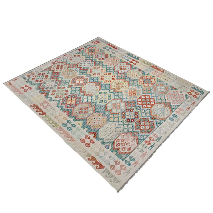 Afghan Vegetable Kilim Rug 7' 0" x 9' 9" Flat-Weave close-up
