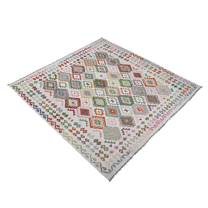 Afghan Vegetable Kilim Rug 8' 10" x 9' 3" Flat-Weave close-up