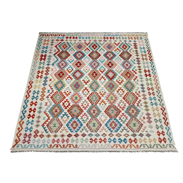 Afghan Vegetable Kilim Rug 8'4" x 9'10" Flat-Weave detail