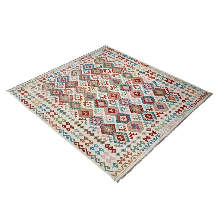 Afghan Vegetable Kilim Rug 8'4" x 9'10" Flat-Weave close-up