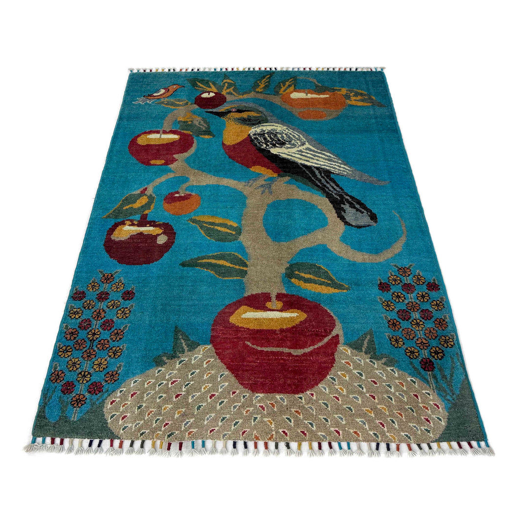 Blue Afghan Pictorial Rug 3' 3" x 4' 9" Hand-Knotted detail