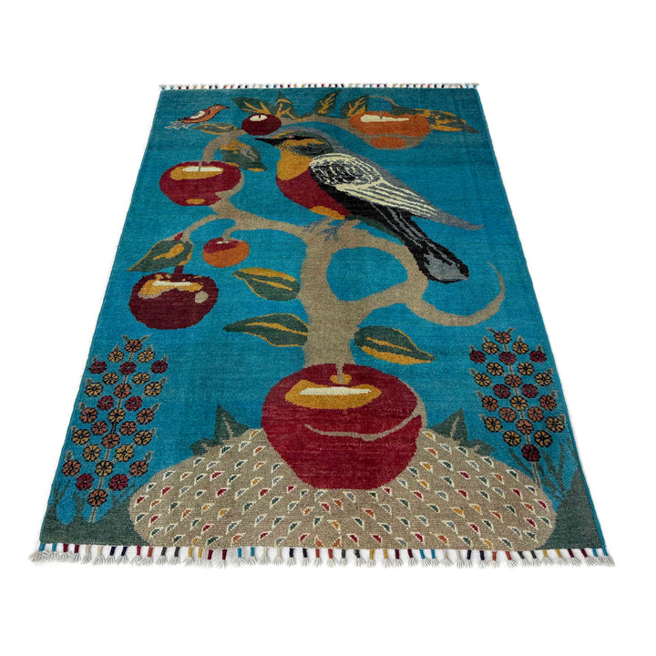 Blue Afghan Pictorial Rug 3' 3" x 4' 9" Hand-Knotted detail