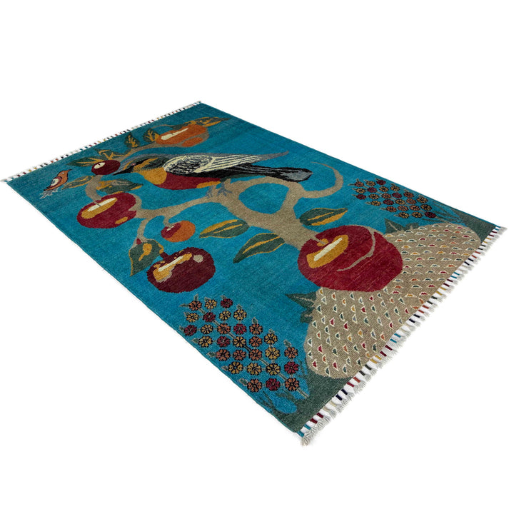 Blue Afghan Pictorial Rug 3' 3" x 4' 9" Hand-Knotted view