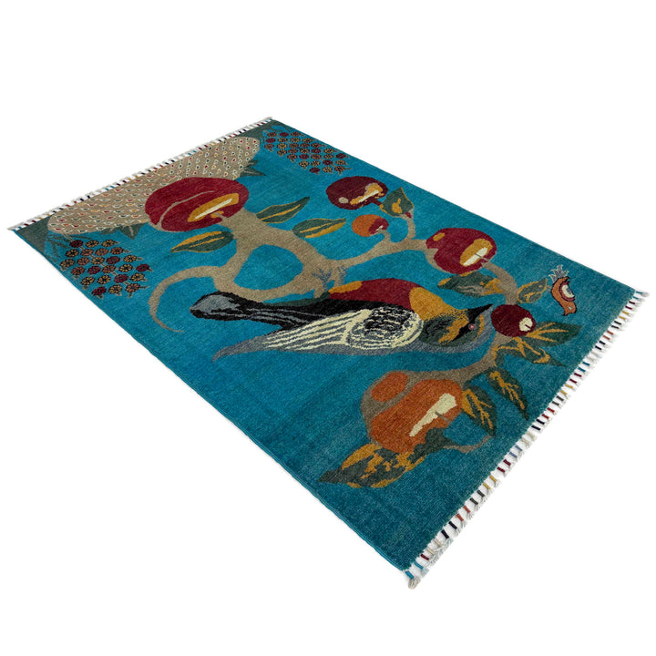 Blue Afghan Pictorial Rug 3' 3" x 4' 9" Hand-Knotted close-up