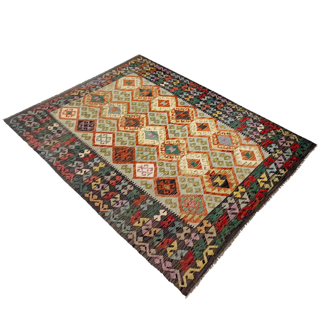 Afghan Vegetable Kilim Rug 5'7" x 8'0" Flat-Weave close-up